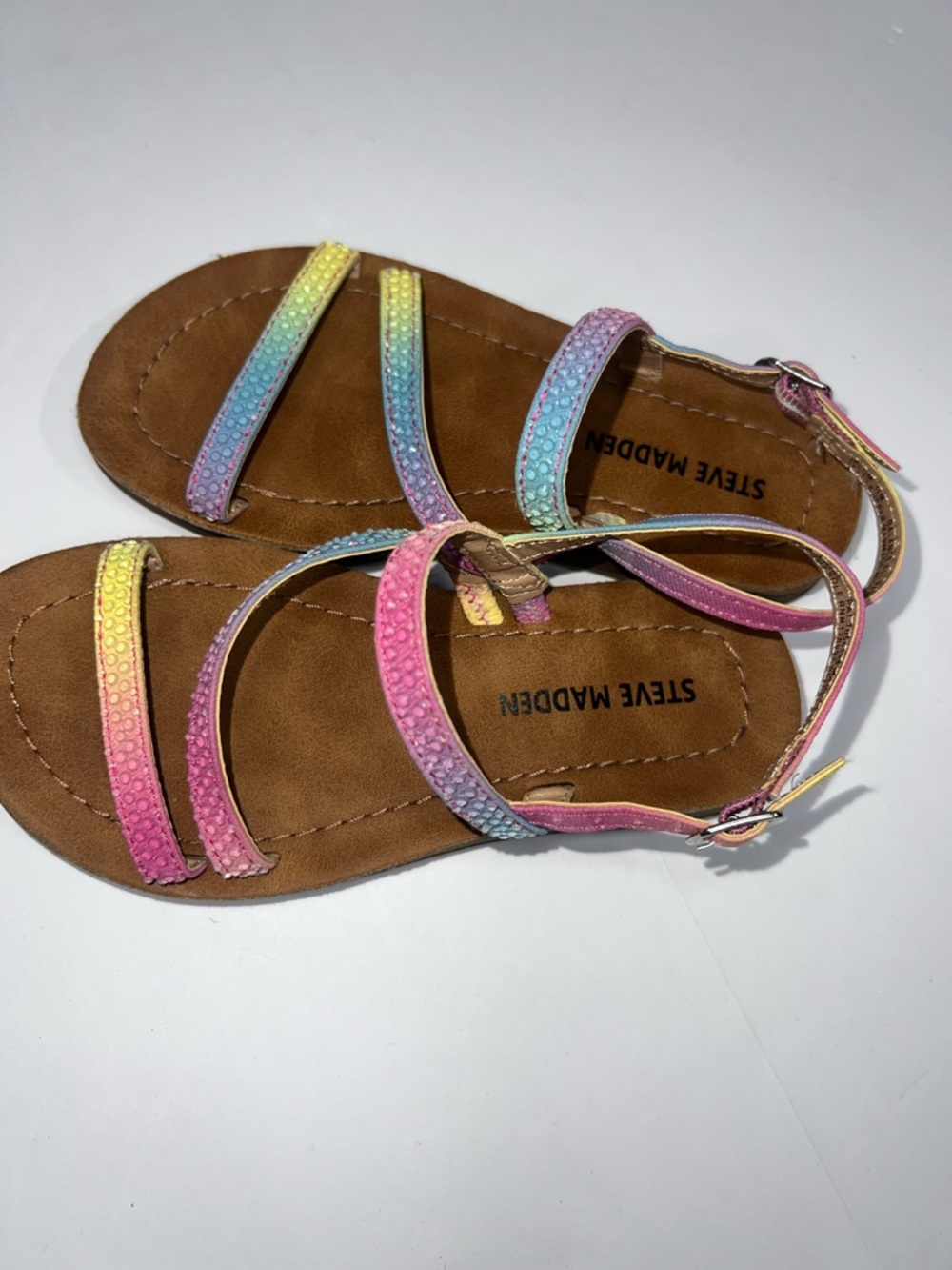 Steve Madden Kids Pastel Rainbow Glitter Strap Sandals - Pink Yellow Blue size 1